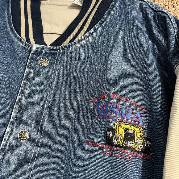 Vintage 90s Denim Varsity Jacket Mens 2XL Blue White Embroidered Car Show - Picture 3 of 11